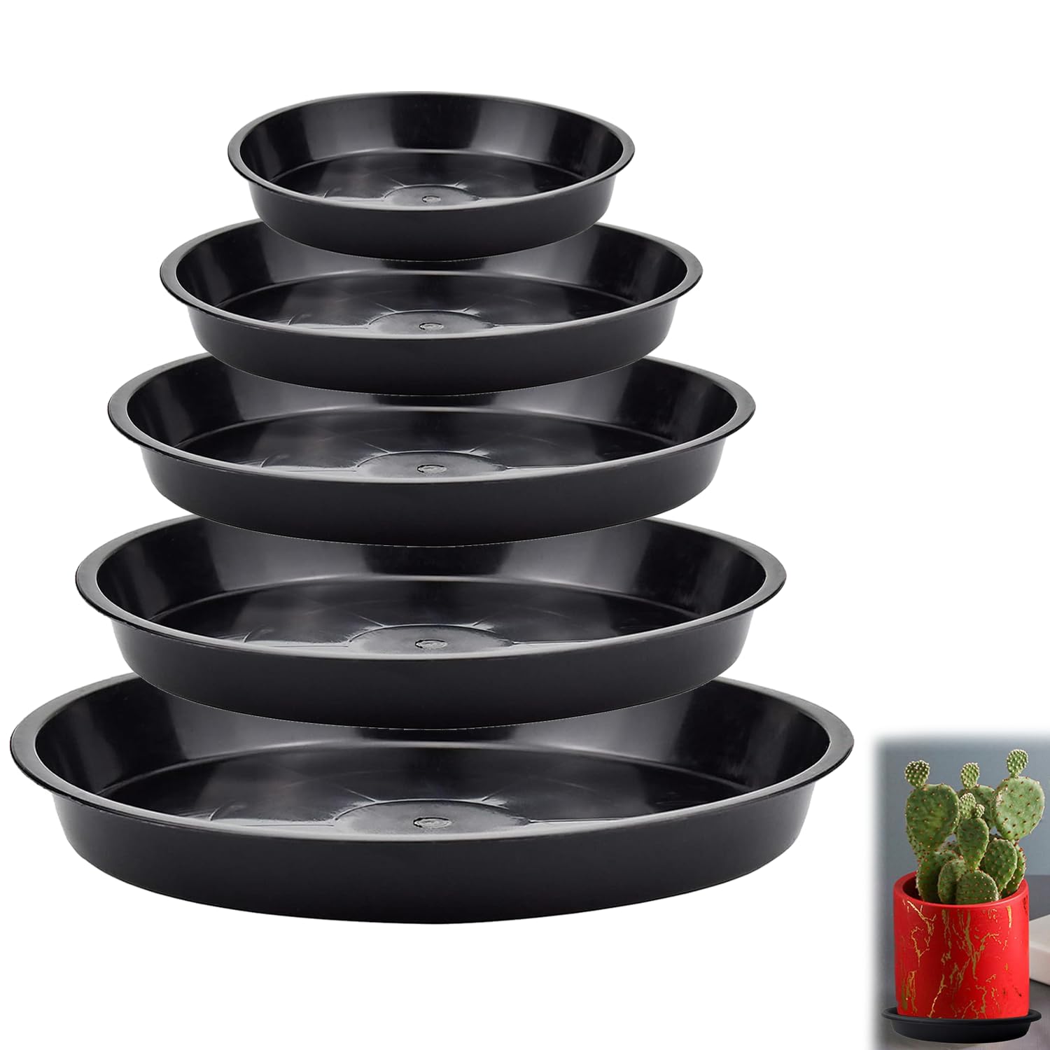 ZEACCT 5 Pack Plant Saucer, Plant Pot Saucers, Round Plastic Plant Trays, Flower Pot Flat Side Tray, Heavy Duty Sturdy Durable Plant Tray for Indoor Outdoor Garden - Black