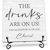 5" Bar Wooden Plaque Sign With Metal Support - The Drinks Are On Us Cheers - Minimalism Rustic Wood Sign Decor For Home Bars Party Decorations & Gifts - A03