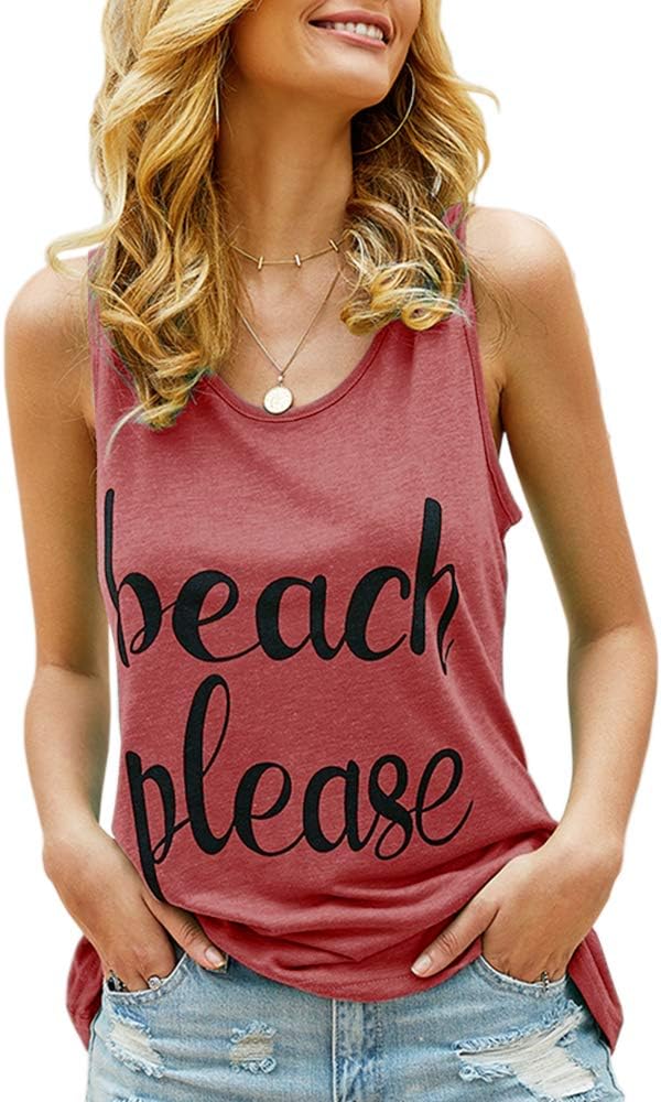 FUMIKAZU Women's Graphic Tank Tops Beach Please Summer Casual Cute Funny Sleeveless Shirts Blouse