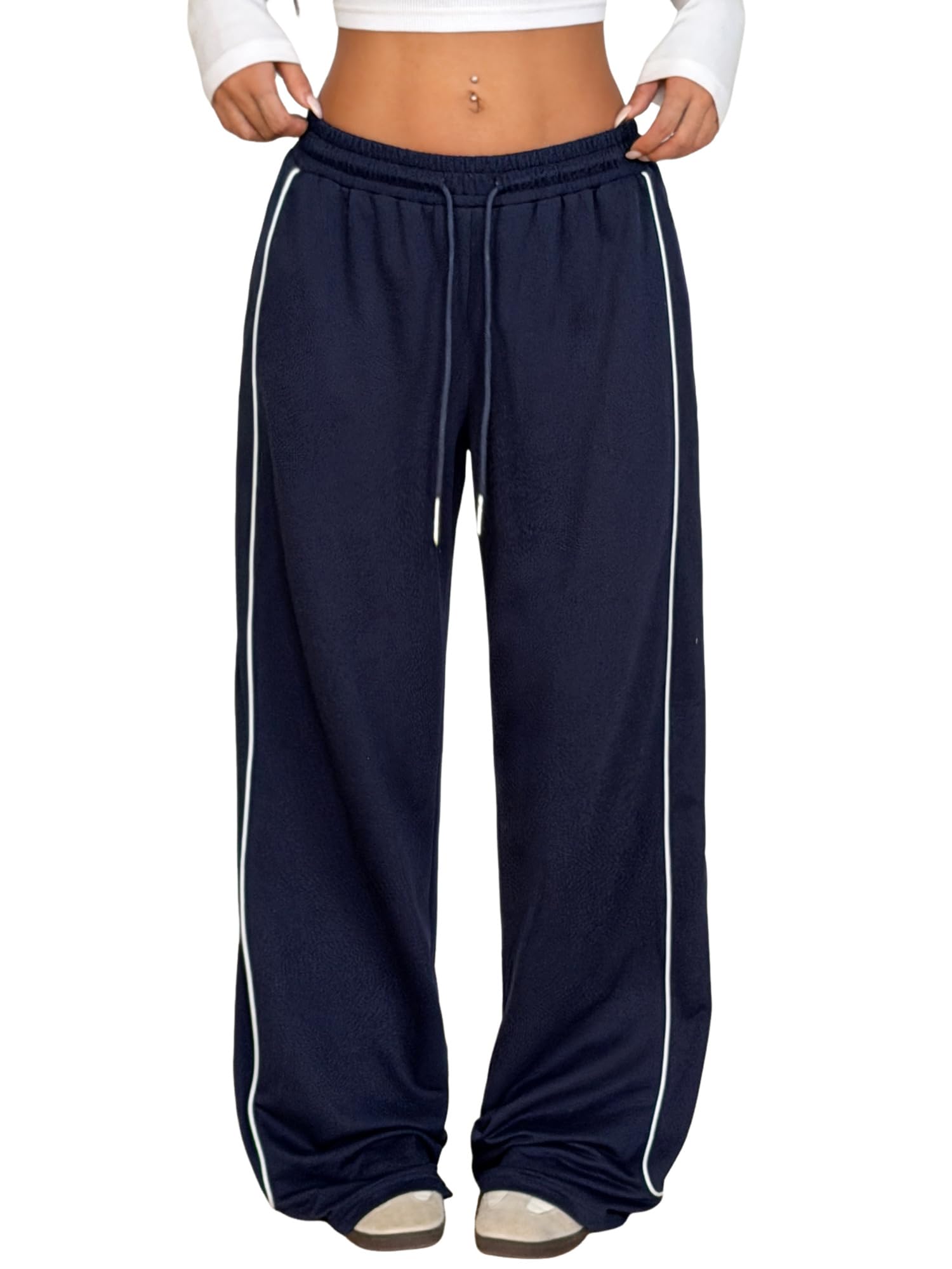 Photo 1 of **DIRT**ZAFUL Women's Loose Fit Track Pants Lightweight Straight Sweatpants Y2K Contrast Piping Wide Leg Trousers with Pockets Navy Blue XL