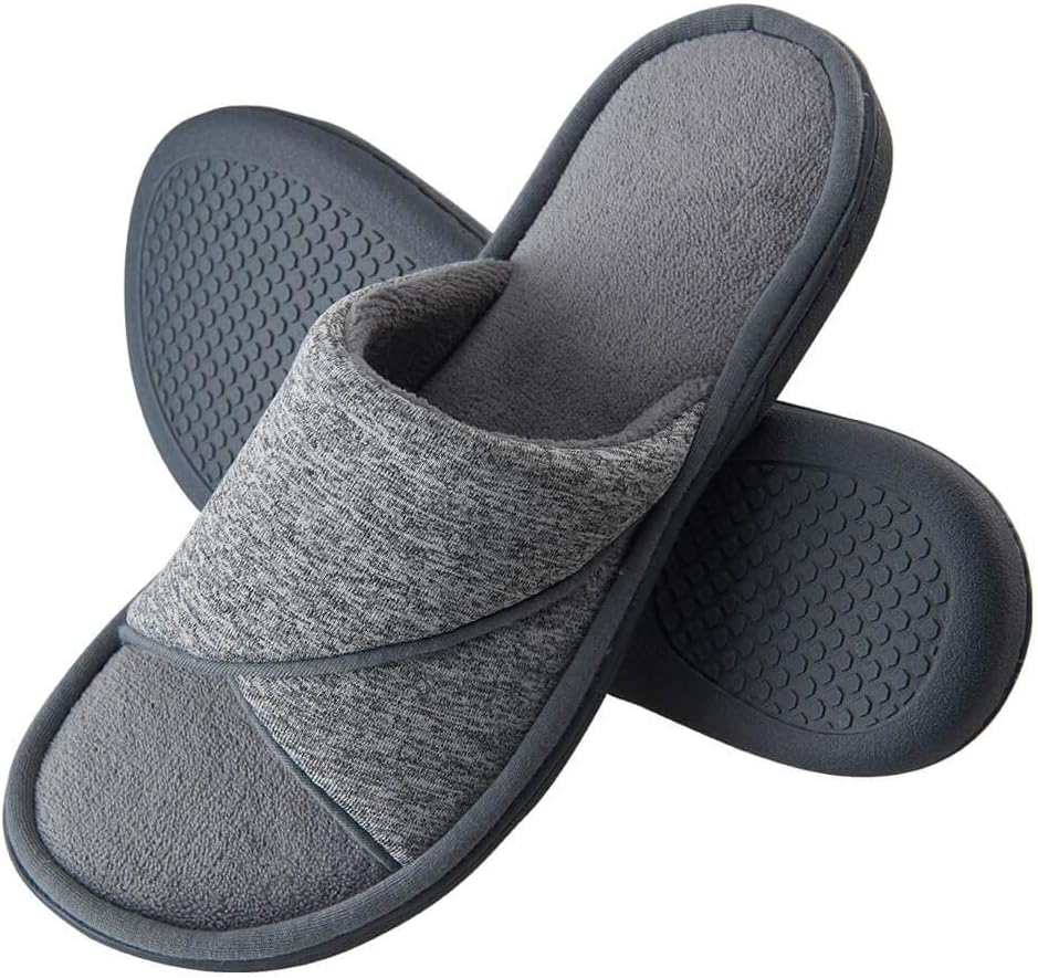 Women's Open Toe House Slippers with Comfy Velvet Lining, Memory Foam Breathable Cotton Spa Slippers, Indoor Outdoor Cozy Slip-on House Slippers