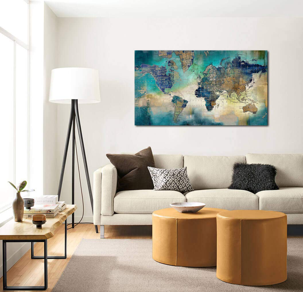 Large World Map Canvas Prints Wall Art for Living Room Office 24x48 Green World Map Picture Artwork Decor for Home Decoration