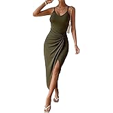 SEMATOMALA Women's Spaghetti Strap Twist Bodycon Ribbed Knit Dress Wrap Split Hem Slim Cami Long Dresses