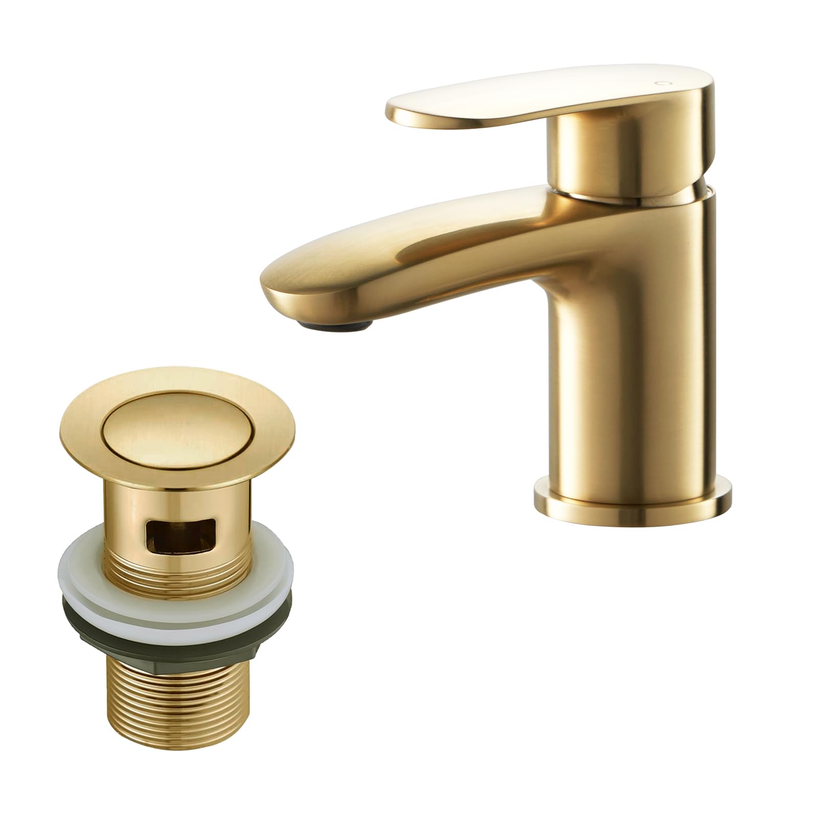 Basin Mixer Tap with Drain, BATHWEST Brushed Golden Brass Bathroom Sink Taps with Waste, Modern Bathroom Taps with Pop Up Waste Middle 492NGO