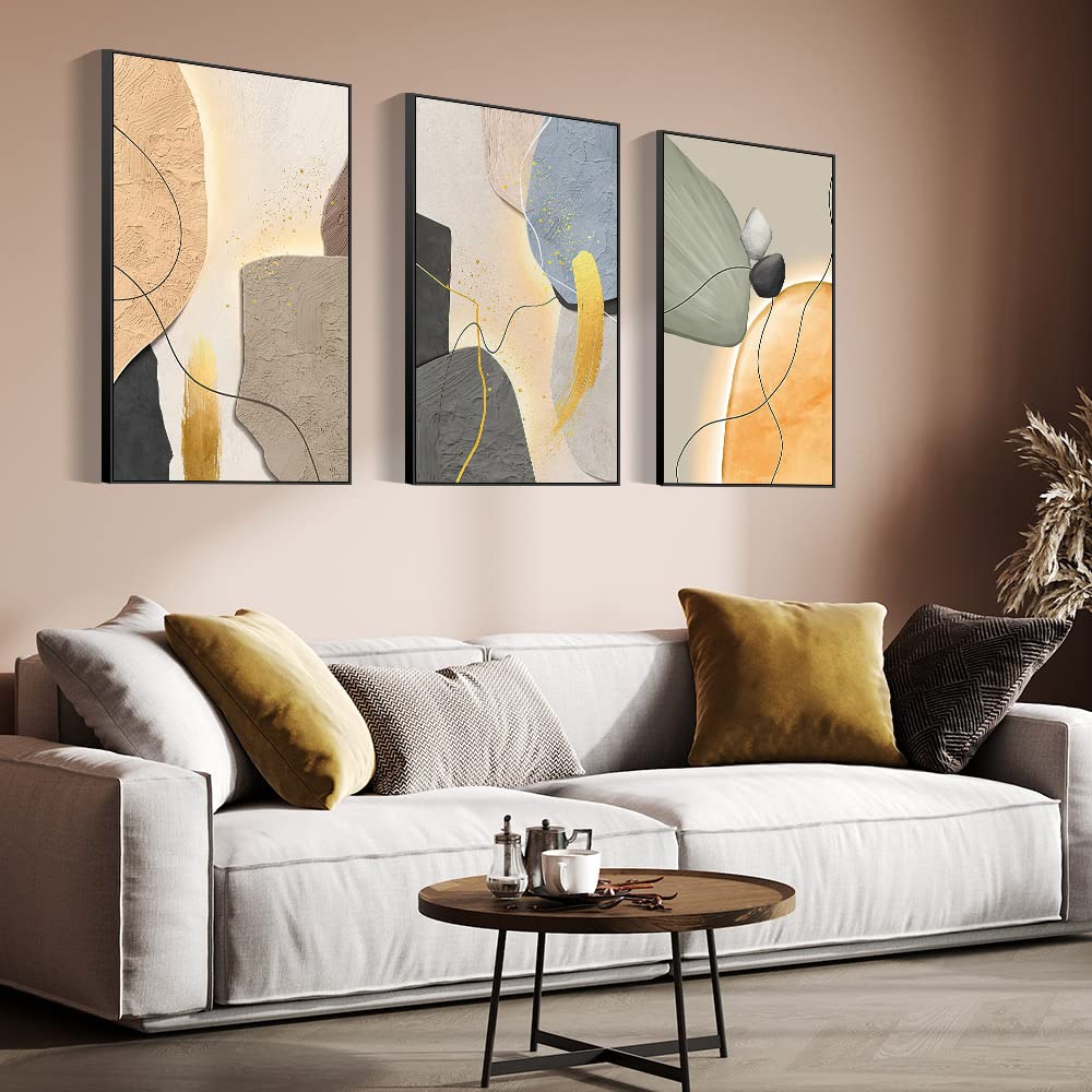 KELIVOR 3 Pieces Framed Wall Art Canvas Print Set Minimalist Medieval Geometric Circle Abstract