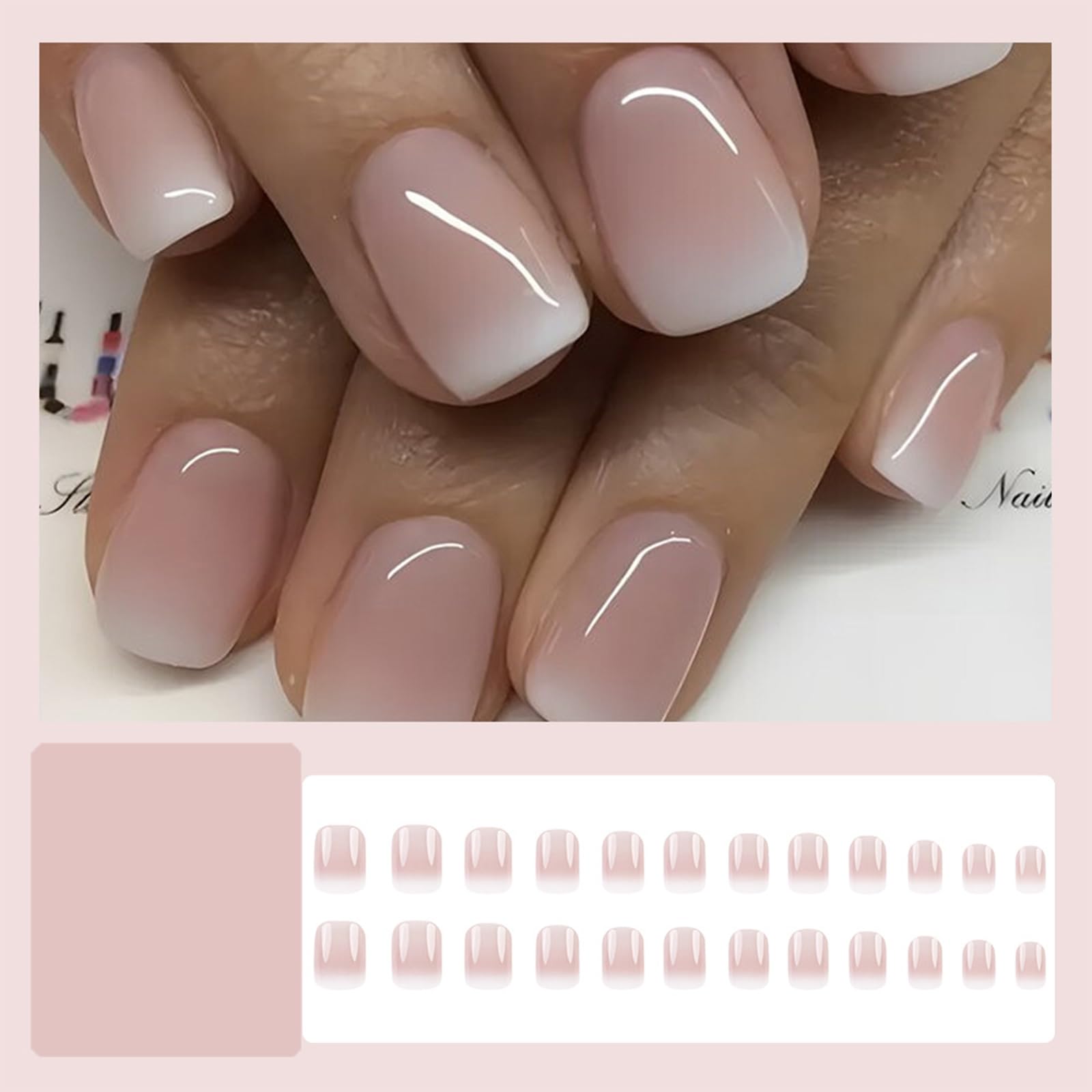 Gradient Pink Press on Nails Short Cute Pink Fake Nails with White Gradient Designs False Nails Glossy Full Cover Stick on Nails Acrylic Ombre Artificial Nails Glue on Nails Press ons for Women 24 Pcs - Image 2