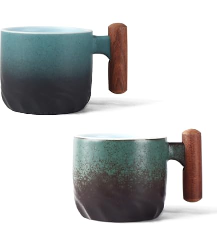 Dicmracy Ceramic Espresso Cups Set Of 2 Or 4 With Wooden Handles, 2.5oz Demitasse Cups, Japanese Style Kiln-Blue