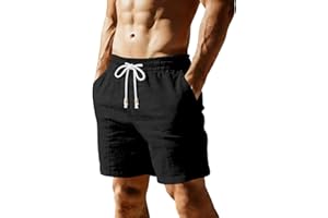 Men's Cotton Linen Shorts, Casual Lightweight Drawstring Elastic Waist Shorts Summer Beach Short Pants with Pockets