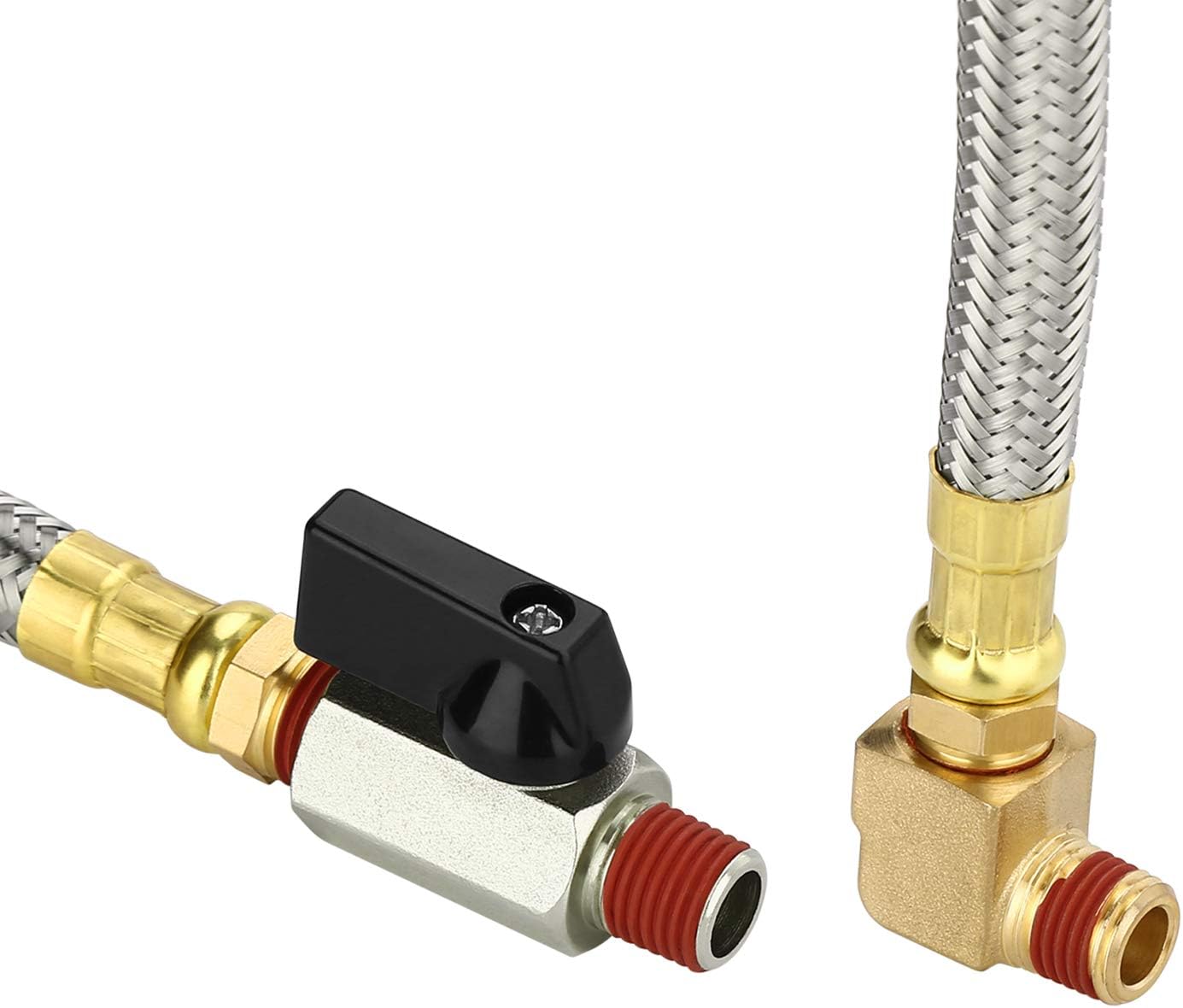 HK Extended Tank Drain Valve Assembly, 10 Inch Flexible Braided Steel Tube Air Compressor Tank Drain Hose 1/4 inch NPT, 90 Degree Brass Elbow Shut-Off Ball Valve, Pipe Fitting and Thread Seal Tape - - 
