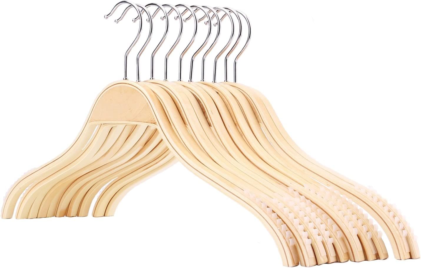 Tebery 12 Pack Wooden Coat Hangers with Non-slip Stripes Natural Colour Clothes Hangers, Suit Hangers Flat Shape, for Skirts, Tops, Coats and Jackets