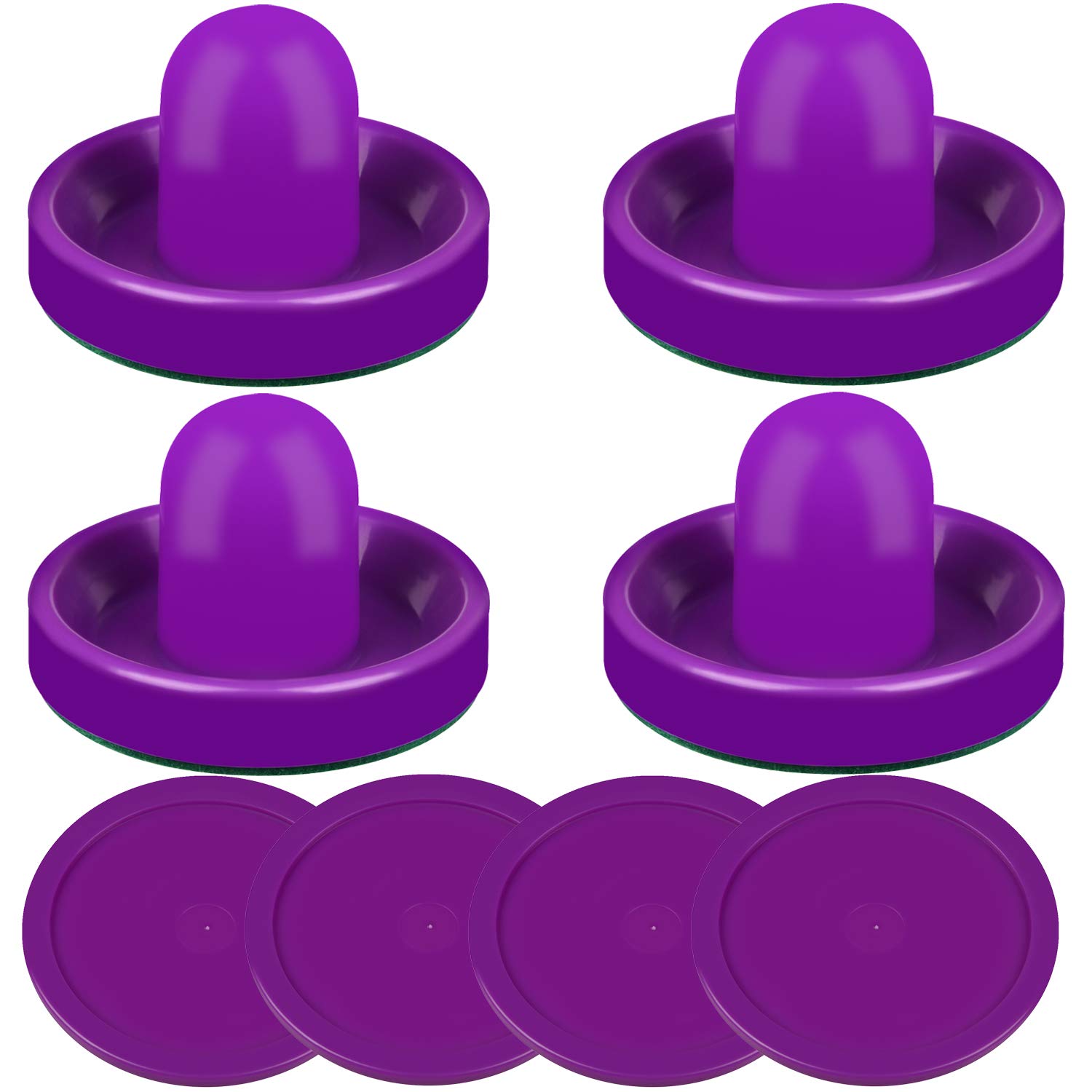 ONE250 Air Hockey Pushers and Purple Air Hockey Pucks, Goal Handles Paddles Replacement Accessories for Game Tables (4 Striker, 4 Puck Pack) (Purple)