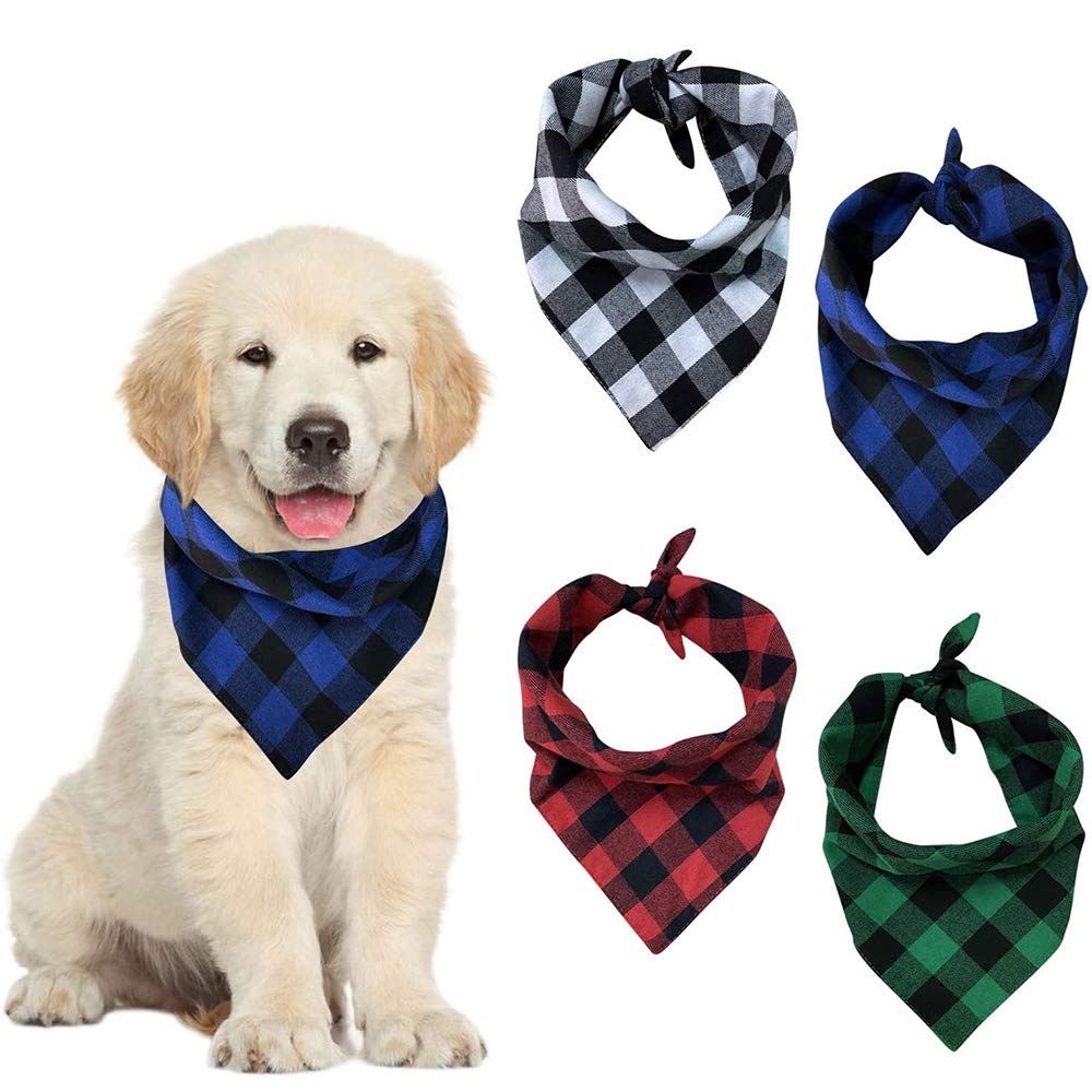 Maxure Plaid Dog Bandanas, 4 Pack Cotton Washable Dog Bandanas Square Plaid Dog Kerchief Set Triangle Scarf Accessories for Small Medium Large Dogs Cat Pets