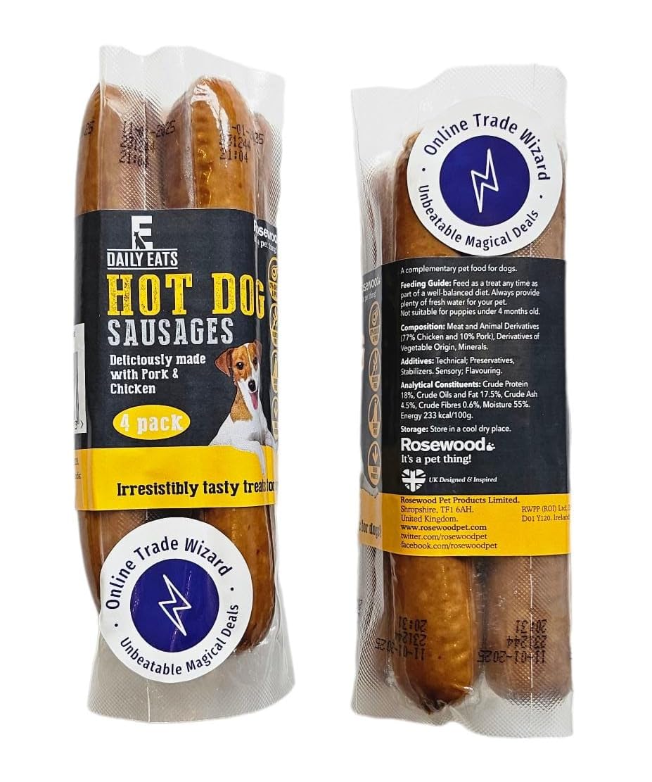 Online Trade Wizard Treats for Dogs | Rosewood Daily Eats 2 x 220g 4 pack Hot Dog Sausages Multipack | Real High Meat Content
