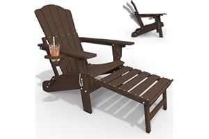 THOEOE Folding Adjustable Adirondack Chairs with Ottoman & 1 Cup Holders, HDEP Multifunctional Adirondack Chair with Footrest,Brown