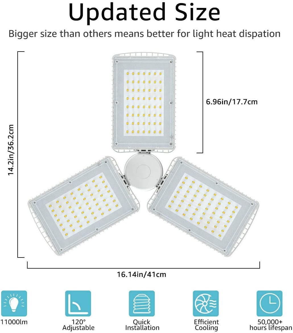 Olafus LED Garage Lights 100W Deformable Garage Lighting, 11000LM, 6000K LED Garage Ceiling Light Fixtures, LED Shop Light with Three Adjustable Panels, LED Light for Garage, Workshop, Warehouse: Home Improvement