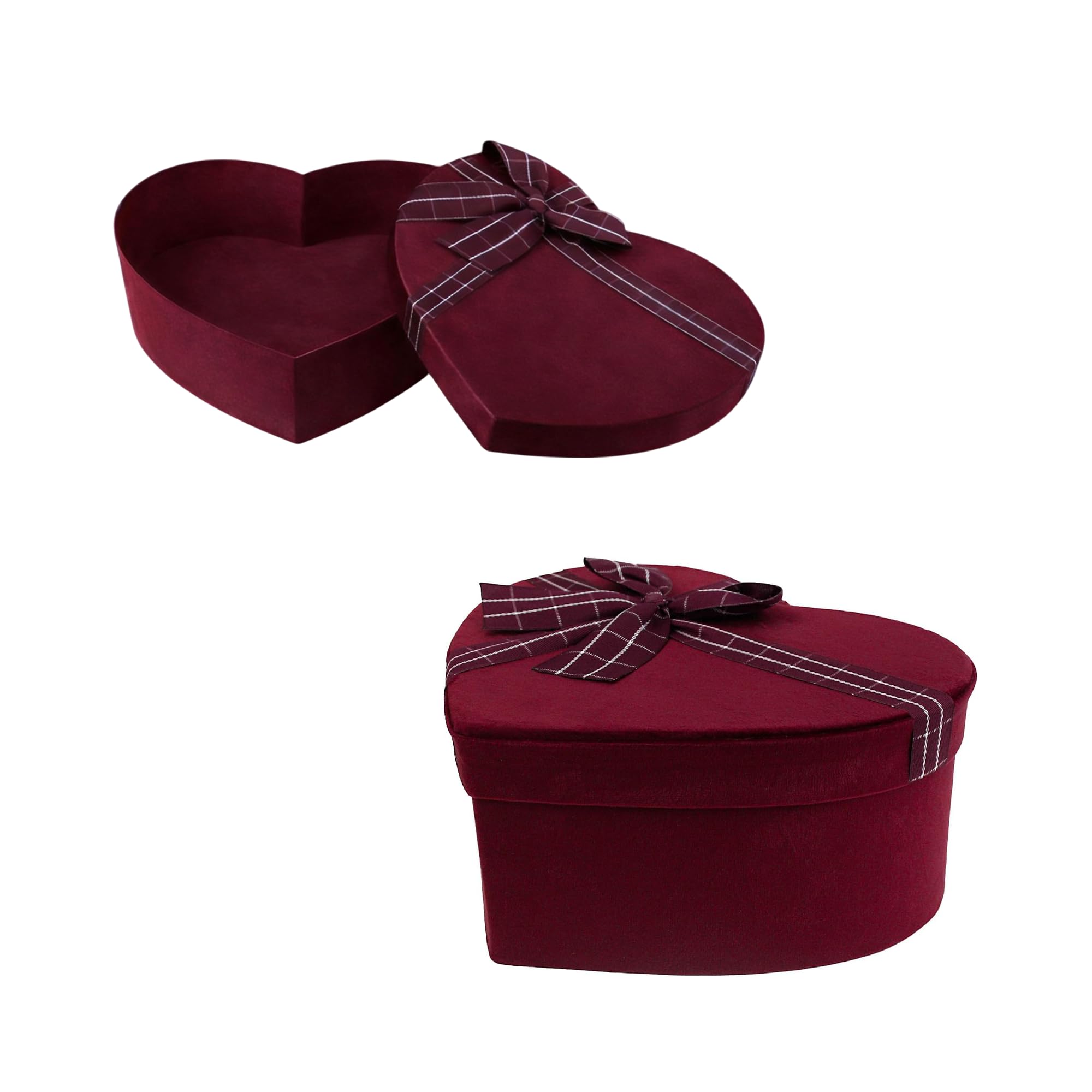 Emartbuy Luxury Rigid Heart Shaped Velvet Gift Box Large Size 1 – 24.5 × 19 × 11 cm (9.64 × 7.48 × 4.33 in), Burgundy & Black, Decorative Ribbon, Elegant Gift Presentation Box