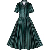 Green and Black Striped Dress for Women Green Vertical Striped Dress for Women Notched Lapel Vintage Shirt Dresses for Women Button Down 50s Dresses for Women Vintage Halloween Dress Black Green XXL