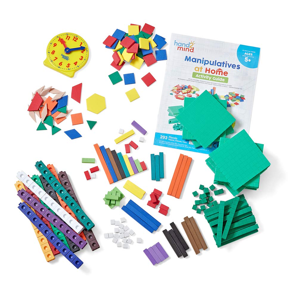 hand2mind-93538 Take Home Math Manipulatives Kit for Kids Grade K-2, with Snap Cubes, Base Ten Blocks, Cuisenaire Rods, Pattern Blocks, Color Tiles and Learning Clock, Homeschool Supplies (292 Pieces)