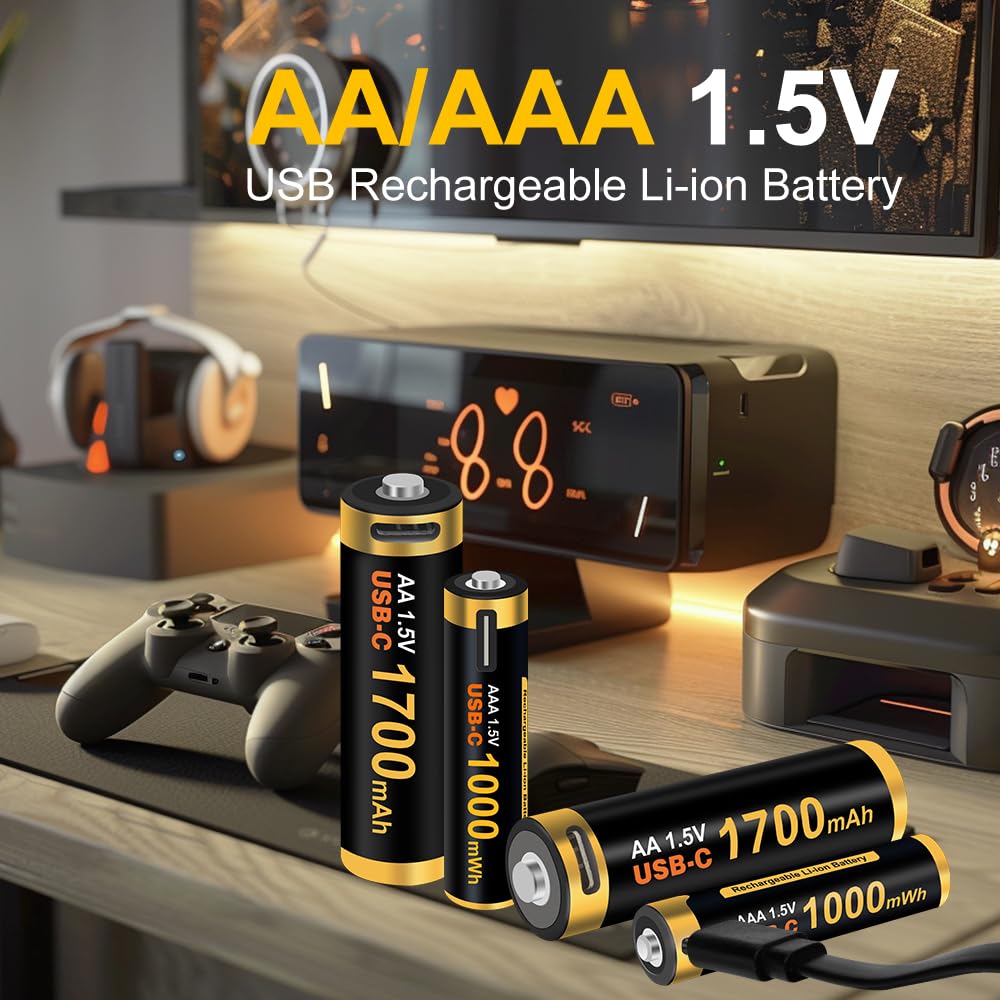 Rechargeable AA and AAA Lithium Batteries with USB-C Fast Charging 1000+ Cycles, 8pcs Combo Batteries Rechargeable Double A and Triple A 1.5V for Cameras