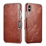 iPhone X Leather Case,Icarercase Genuine Vintage Leather Side Open Case in Slim Thin Design, Flip Folio Style Cover with Magnetic Closure for Apple iPhone 10 5.8 Inch - Brown
