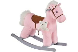 Qaba Kids Plush Ride-On Rocking Horse with Bear Toy, Children Chair with Soft Plush Toy & Fun Realistic Sounds, Pink