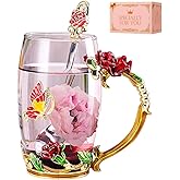 DasyFly Birthday Gifts For Women,Enamel Butterfly Flower Glass Tea Cup Rose Red Coffee Mug,Cute Gifts For Mom Grandma Women Wife Female Friend on Mothers day Anniversary Christmas Valentines