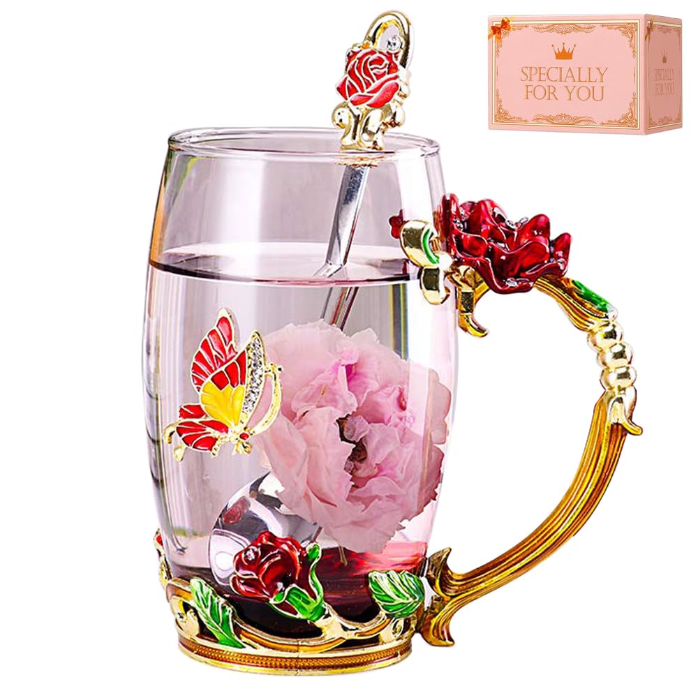 DasyFly Birthday Gifts for Women,Enamel Butterfly Flower Glass Tea Cup Rose Red Coffee Mug,Cute Gifts for Women Mum Wife Grandma Female Friend on Anniversary Christmas Valentines Mothers Day