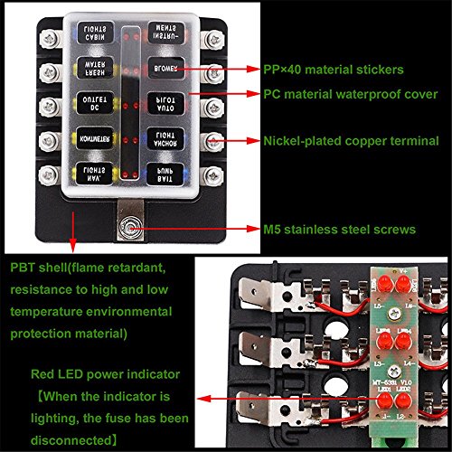 TechCode Fuse Block with LED Indicator, 10 Way Waterproof Blade Fuse Holder Box 5A 10A 15A 20A Automotive Fuses LED Indicator Protection Cover for Car ATO ATC Van Truck(10-Way) - Thumbnail 7