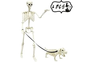 DINESIL 5.4ft/165cm Halloween Skeleton, Life Size Posable Skeleton with Dog Skeleton, Full Body Human Bones with Movable Joints for Halloween Indoor Outdoor Haunted House Decoration