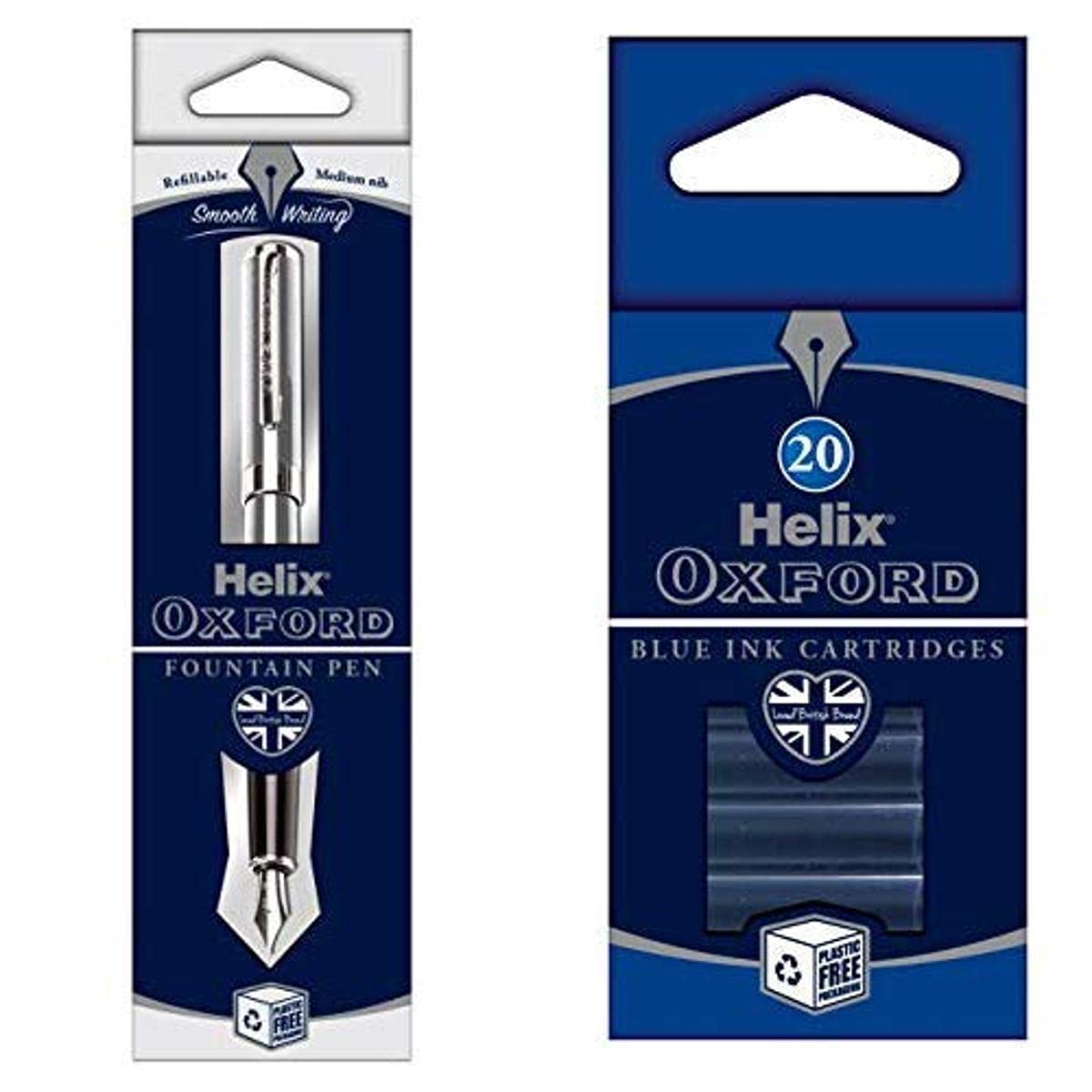 Helix Oxford Fountain Pen (Stainless Steel) with x20 pack of Blue Ink Cartridges