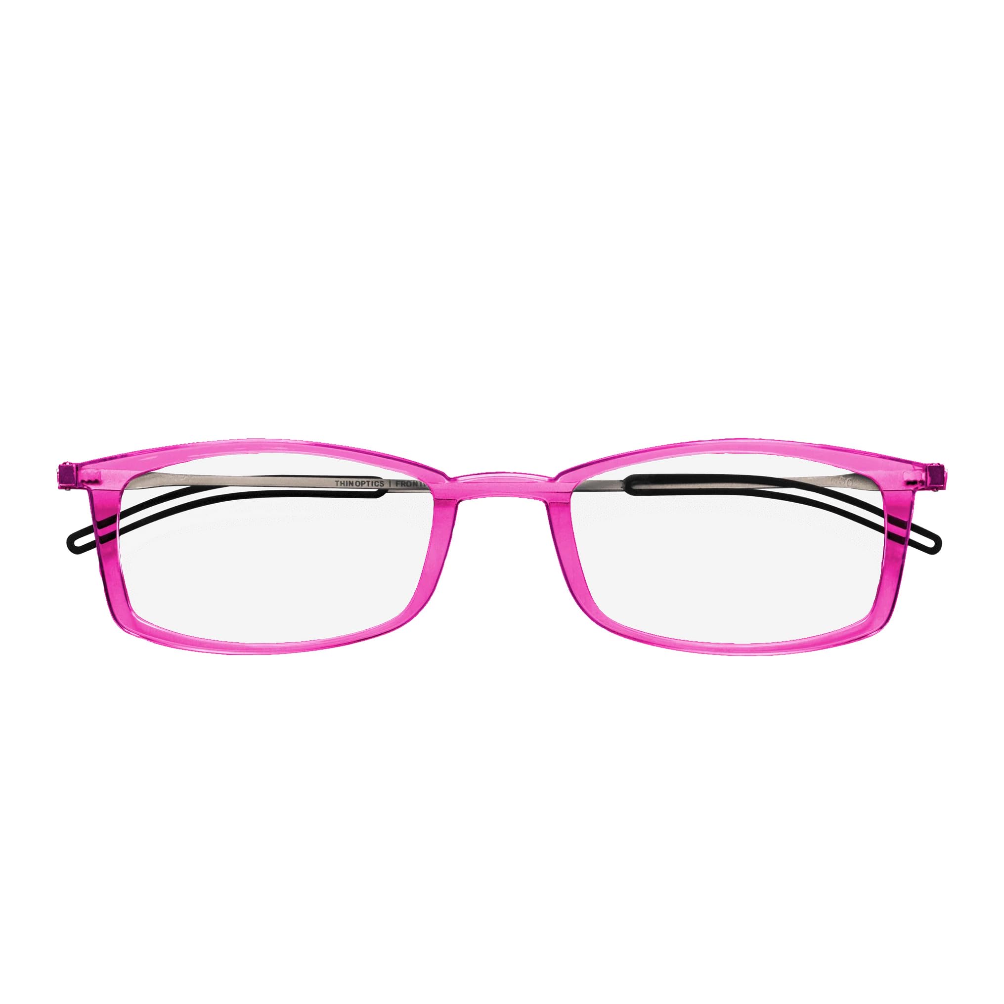 ThinOptics Reading Glasses 2.0 with Slim 4mm Magnetic Case - Ultra Light Spectacles with Pink Frame - Stylish Readers for Men & Women – Thin Design with Brushed Aluminium Case
