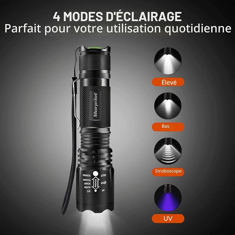 Lampe Torche 2 EN 1, Torche UV 395nm & 500LM LED Puissante, 4 Modes & Zoomable Lampe de Wood Ultraviolet, Détecteur d'Urine, 1pcs