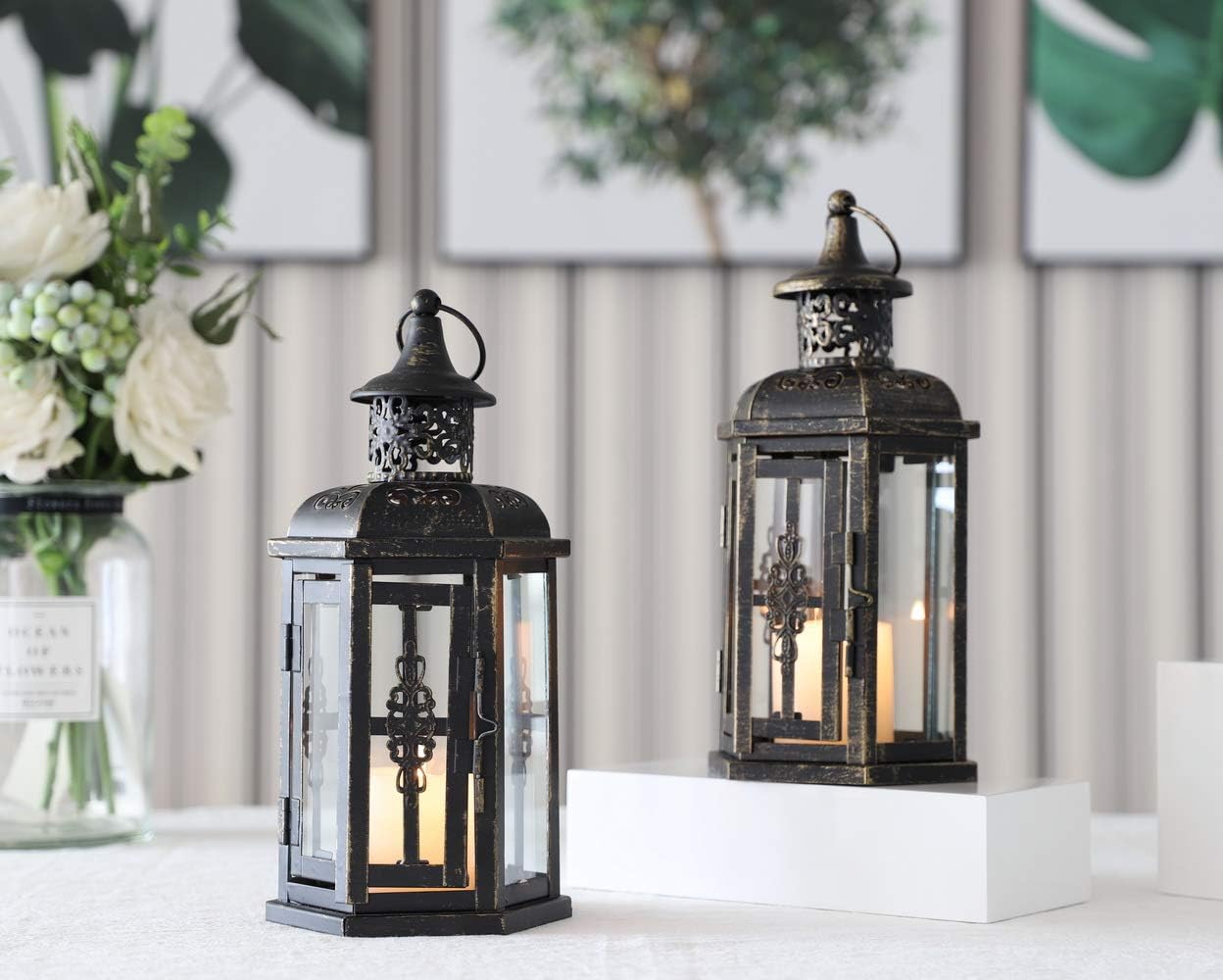 JHY DESIGN Set of 2 Decorative Lanterns -10 inch High Vintage Style Hanging Lantern Metal Candleholder Black with Gold Brush: Home & Kitchen