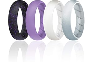 ROQ Silicone Rings for Women, Breathable Silicone Rings, Sets of 4 Bands, Unique Silicone Wedding Ring for Women, Medical Grade Silicone Rubber Band - Silver, Lavender, Black Colors - Size 6