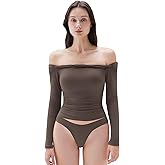 SUUKSESS Women Padded Off The Shoulder Tops Double Lined Going Out Long Sleeve Fitted Basic Fall Shirts(Brown, L)
