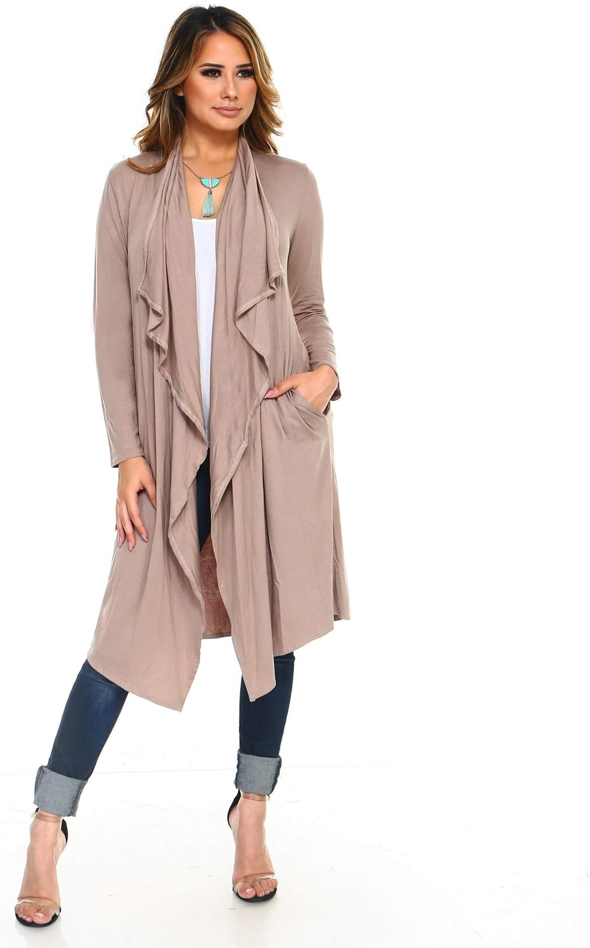 Isaac Liev Women's Open Front Drape Draped Front Lightweight Long Cardigan with Side Pockets (X-Large, Mocha)