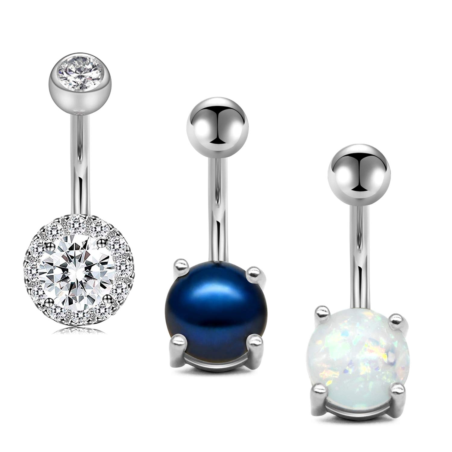 Belly Button Rings Navel Rings Surgical Steel 14G Navel Piercing Barbell for Women Girls Opal Pearl Short Belly Button Piercing Bar CZ Body Jewelry 1/4" 3/8" 6mm 10mm Pack