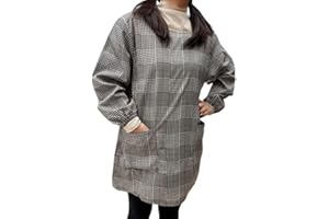 Dizoon Women's Long Sleeve Fall Winter Apron Japanese Style Solid Color Cooking Apron Smock for Housework Smock with Pockets