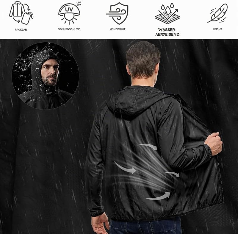 Regenjacke Faltbar Kapuze Wasserdichte, Sportjacke (Schwarz, M)