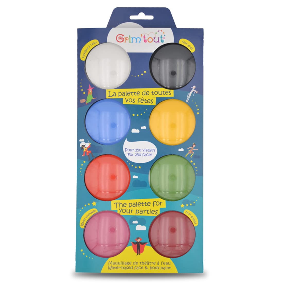 Koko GRIM'TOUT - Children's Jumbo Makeup Palette - for Carnival, Kermesse, Halloween, Birthday, Festival - Washable with water - Includes: 1 brush and 8 pebbles 15 ml of assorted colours