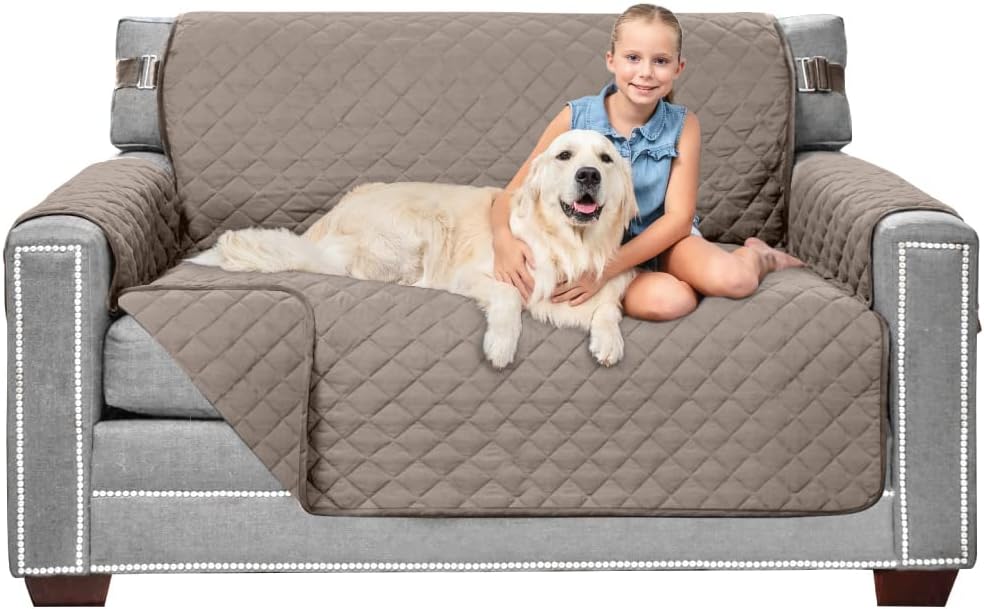 Slipcovers - Sofa Shield Patented Loveseat Slip Cover, Large Cushion Protector, Reversible Stain and Dog Tear Resistant Slipcover, Quilted Microfiber 54” Seat, Washable Covers for Dogs Pets Kids, Light Taupe