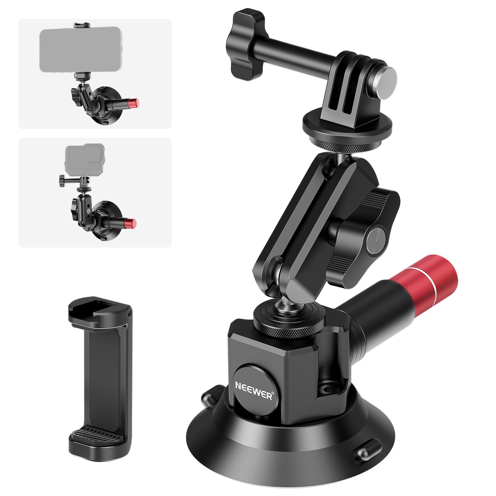 Photo 1 of Neewer 3" Suction Cup Camera Mount Bracket with Ball Head Magic Arm, 1/4" ARRI Holes, Quick Release Car Mount with Phone Holder & Action Cam Adapter Compatible with iPhone DJI Insta360, CA104