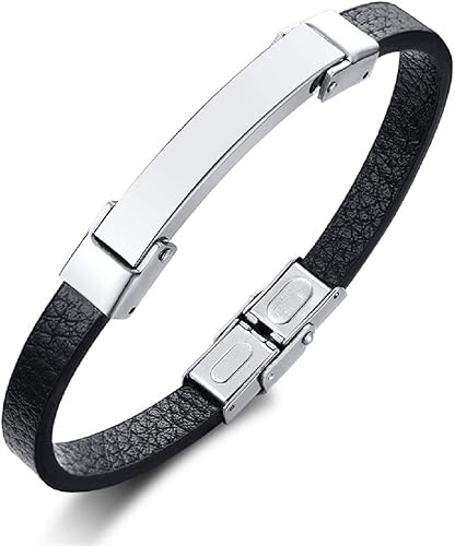 Amazon Brama ブレスレット メンズ レザー ブラック バングル チタン シルバープレート シンプル 極簡主義メンズブレスレット 黒革腕輪 アクセサリー 黒 ブレスレット 通販