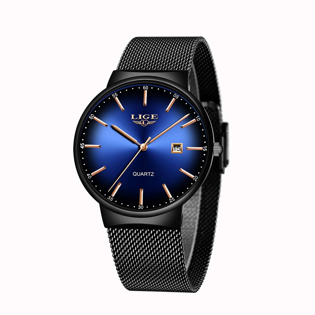 LIGE Mens Watches Ultra-Thin Sport Chronograph Waterproof Analogue Quartz Stainless Steel Mesh Wrist Watch Gents Fashion Simple