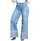 KnoInt Women's Wide Leg Straight Jeans High Waisted Baggy Stretch Loose Denim Pants