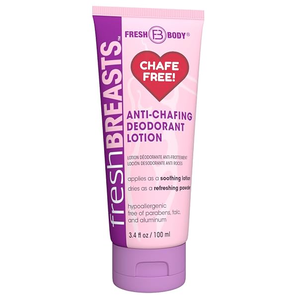 FRESH BREASTS ANTI CHAFING DEODORANT LOTION TO POWDER, 3.4OZ – ANTI CHAFE CREAM WHOLE BODY DEODORANT FOR WOMEN, INNER THIGHS & AREAS THAT SWEAT, NO TALC, ALUMINUM AND FRAGRANCE