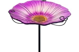 HONGLAND 29 Inch Height Bird Baths for Outdoors, Glass Birdbaths Outdoor Birdfeeder Flower Pattern with Metal Stake-Purple