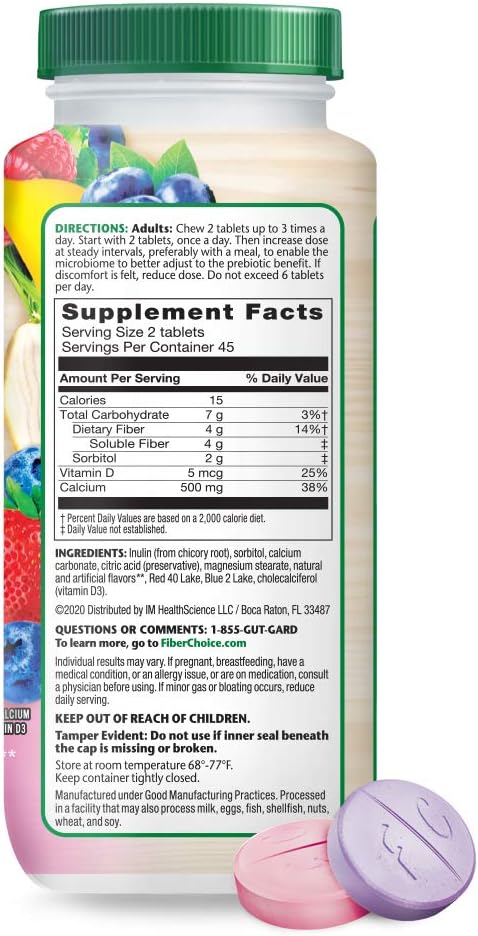Fiber Choice Bone Health* Daily Prebiotic Fiber Chewable Tablets, Excellent Source of Fiber, Calcium & Vitamin D3*, Sugar-Free, #1 Gastroenterologist Recommendedⱡ, Helps Support Regularity*, 90 Count Assorted Berry: Health & Personal Care