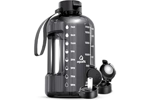 AQUAFIT 64 oz Water Bottle with Time Marker - Straw & Chug Lid - BPA Free Half Gallon Gym Water Bottle with Handle - Big Gallon Jug (Gray, 64 Ounces)