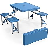 VINGLI 4 Ft Camping Picnic Table Set with 4 Seats with Umbrella Hole Folding Lightweight Suitcase Card Table-220 Lbs Support